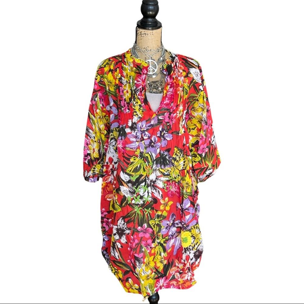 SPX TUNIC Swim cover up red floral PLUS SIZE top 3/4 sleeves size 50 style ELENA